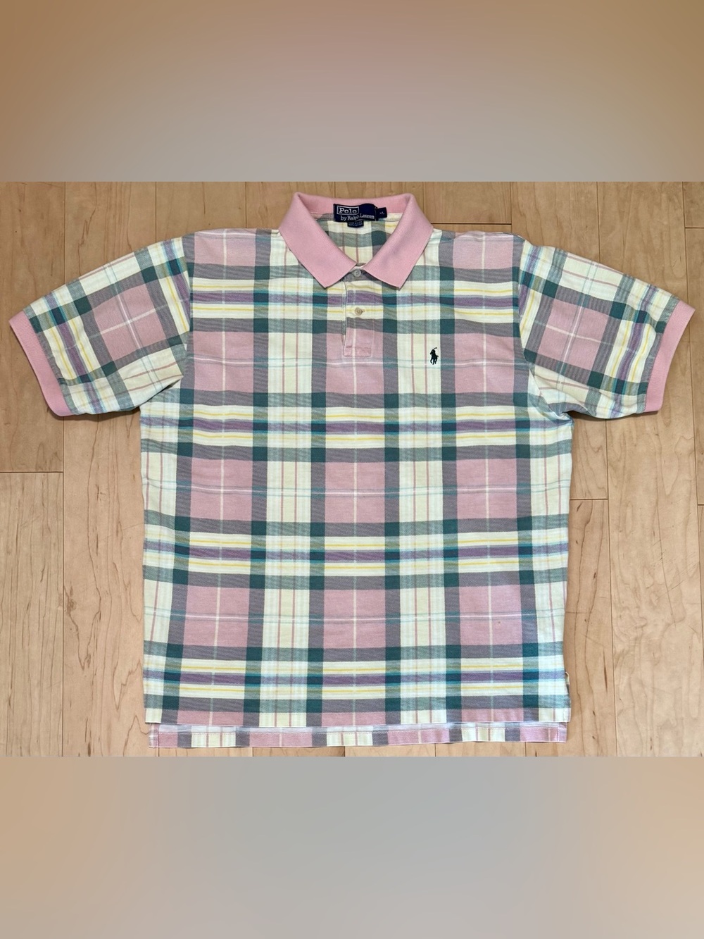Vintage Polo Ralph Lauren Pique Polo Pink Multicolor Plaid Made in USA Men’s XL
